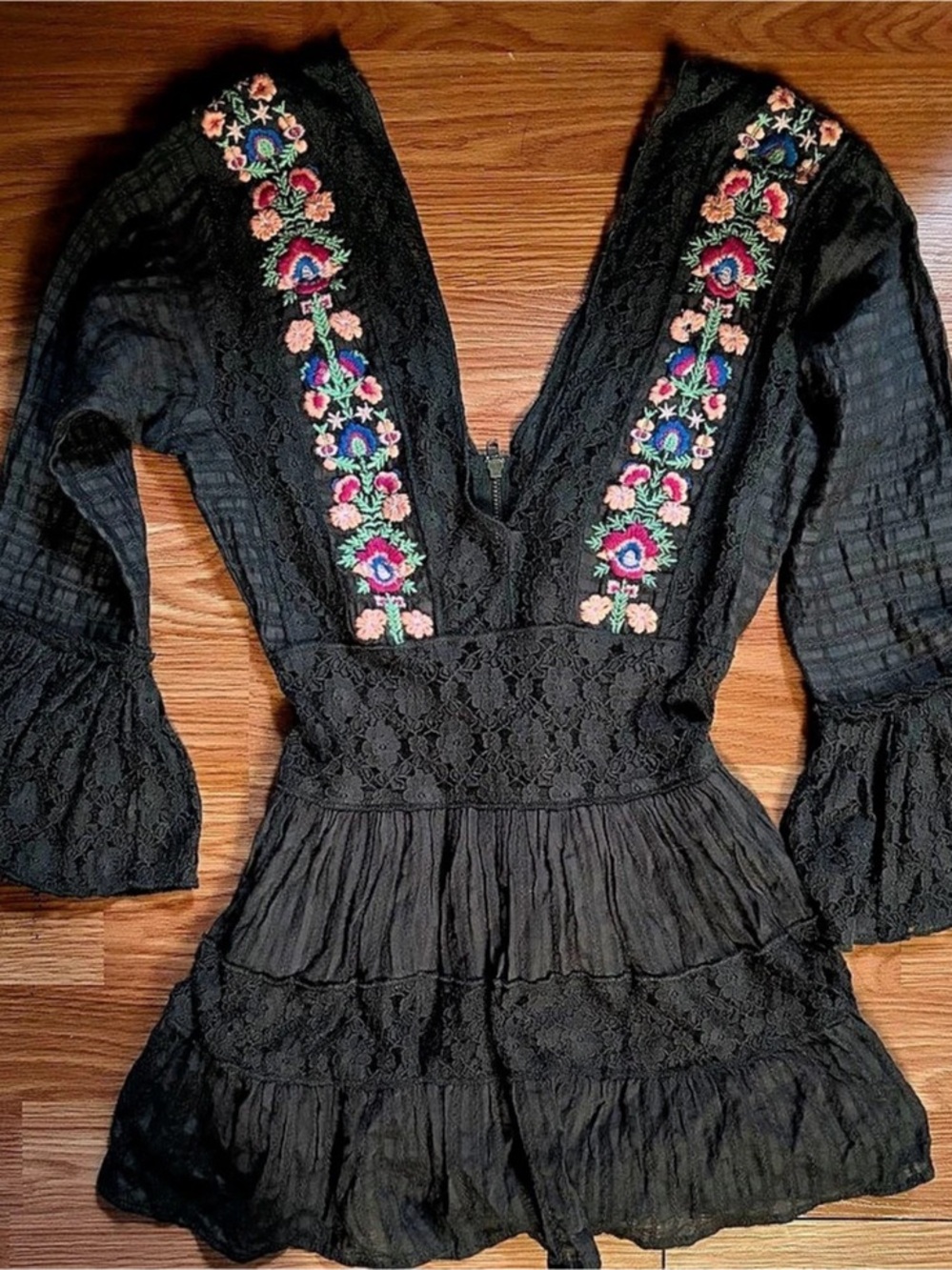 Free People Floral Embroidered Mini Dress/ Babydoll Top Black